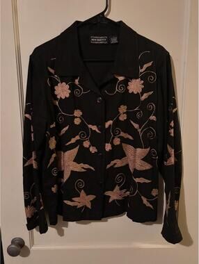 New Identity Black Embroidered Floral Button Front Blouse Jacket
